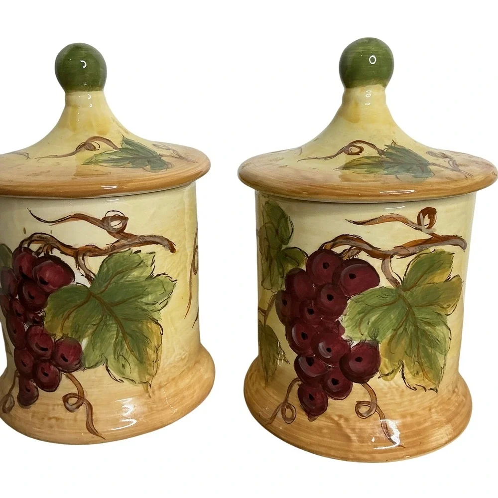 Charming Ceramic Canisters with Grapes and Leaves Set of 2 Vineyard Theme